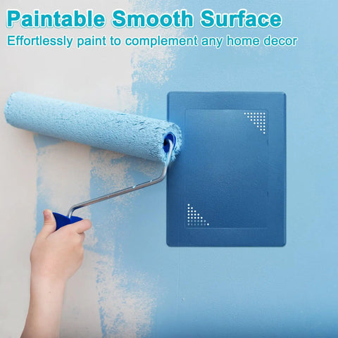 Painting Real Deal Two Pack Drywall Access Panels For Your Home Base with roller on a smooth blue surface.