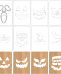 8Pcs Halloween Acrylic Router Templates Set for Scary Pumpkin Face Carving, showing various spooky face designs and bat shapes.