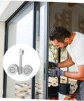 Man installing sliding door with inset image of Sliding Door Track Roller Set For Heavy Duty Industrial And Home Use Replacement Steel Barn Door Wheel