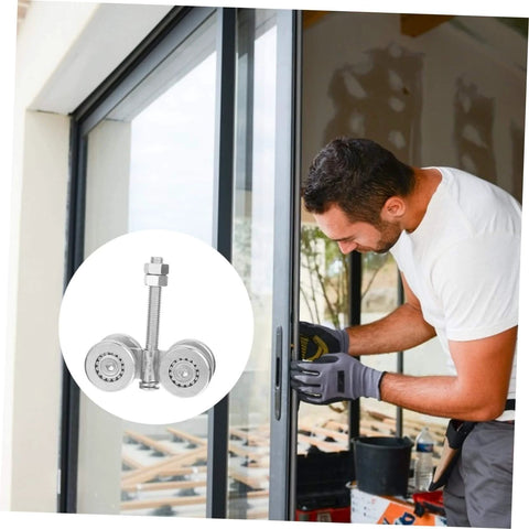 Man installing sliding door with inset image of Sliding Door Track Roller Set For Heavy Duty Industrial And Home Use Replacement Steel Barn Door Wheel