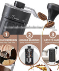 Manual Coffee Grinder With 40 External Adjustable Settings, featuring glass powder bin, double bearings, and portability.