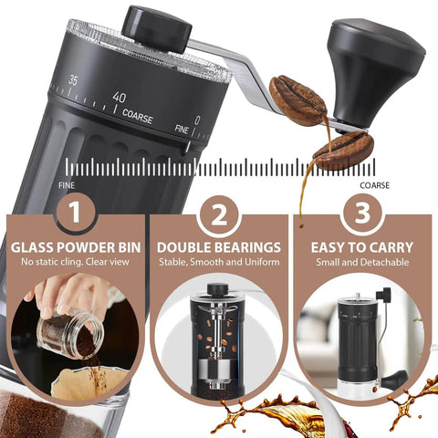 Manual Coffee Grinder With 40 External Adjustable Settings, featuring glass powder bin, double bearings, and portability.