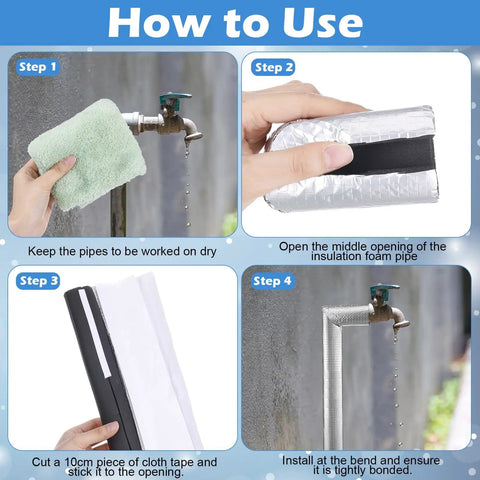Step-by-step guide using 24 Pcs Pipe Insulation Foam Tubes And 4 Pcs Elbow Covers for freeze protection on outdoor spigot.