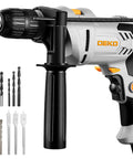 Kick Ass Heavy Duty 6 Amp Corded Hammer Drill With Half Inch Keyed Chuck And Twelve Piece Bit Set Variable Speed Rotation close-up view with drill and bits