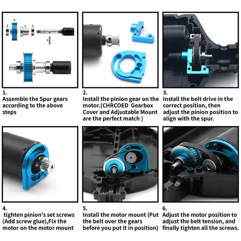 TT02 Belt Drive RC Car Transmission Gear System with 40T and 16T aluminum pulleys installation steps for Tamiya 1/10 4WD car