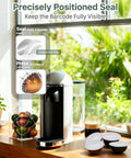 Reusable Aluminum Foil Lids For Nespresso VertuoLine Pods near coffee machine, showing seal and lid application details.