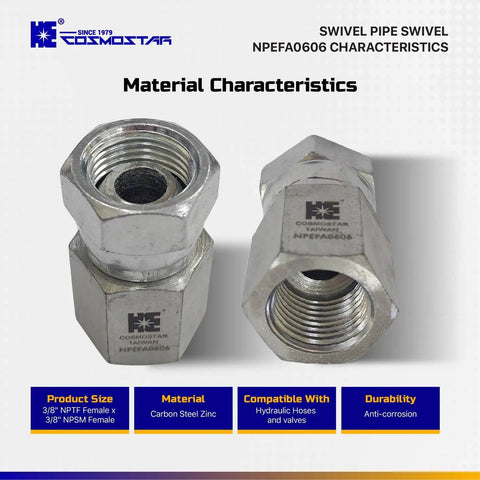 Three Eighths Inch NPTF Female To Three Eighths Inch NPSM Swivel Hydraulic Adapter For Pipe Fittings And High Pressure Hoses Built Tough From Carbon Steel With Rust Resistant Zinc Plating, close-up