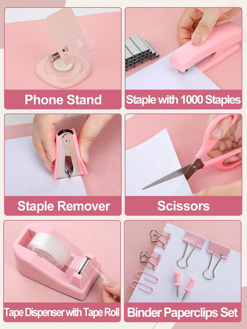 Nine Piece Cute Pink Desk Accessories Set For Women With 360 Degree Rotating Pen Holder Desk Mat Wrist Rest Mouse Pad Phone Stand Stapler With 1000 Staples Staple Remover Scissors Clip Box And Tape Dispenser displayed
