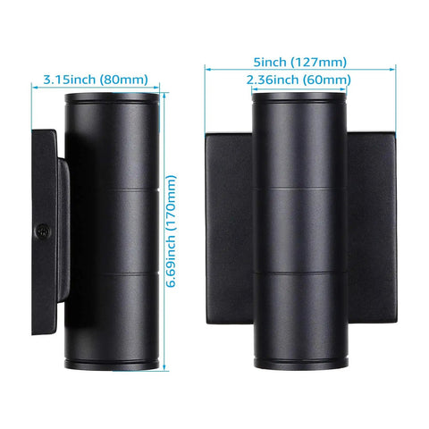 Integrated LED Cylinder Up Down Outdoor Wall Light, Slick Aluminum Waterproof Sconce, dimensions illustration
