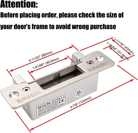 Heavy Duty Electric Strike Lock With Adjustable Mode For Fail Safe Or Fail Secure, 2200 Lb Jaw Strength, with measurements