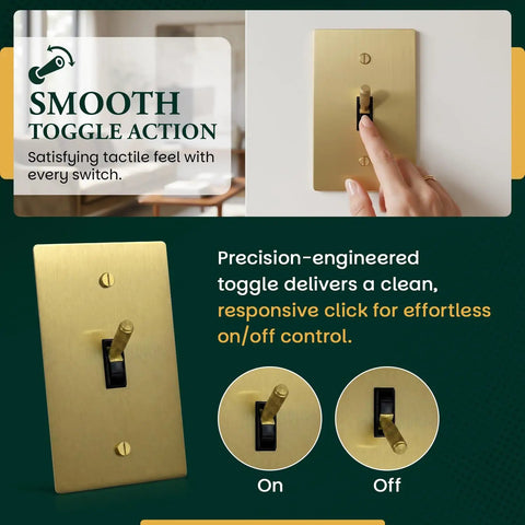 Heavy Duty Solid Brass And Steel Toggle Light Switch 1 Gang Kit With Gold Finish Wall Plate shown with hand