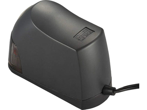 Desktop Electric Pencil Sharpener With HHC Cutter Technology, compact black design, side angle view, corded, safety switch feature visible.