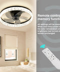 Modern 18 Inch Ceiling Fan With Lights And Remote, dimmable LED, bladeless design in black, shown in bedroom setting