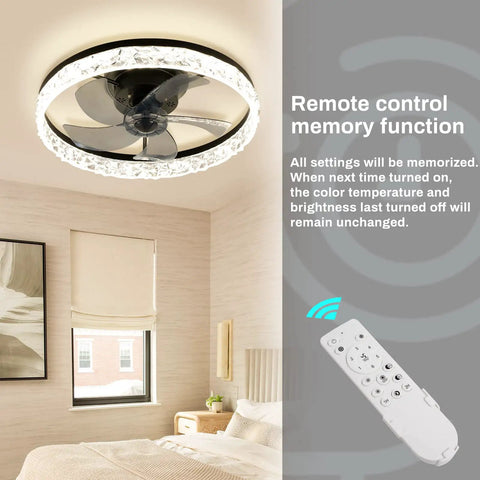 Modern 18 Inch Ceiling Fan With Lights And Remote, dimmable LED, bladeless design in black, shown in bedroom setting