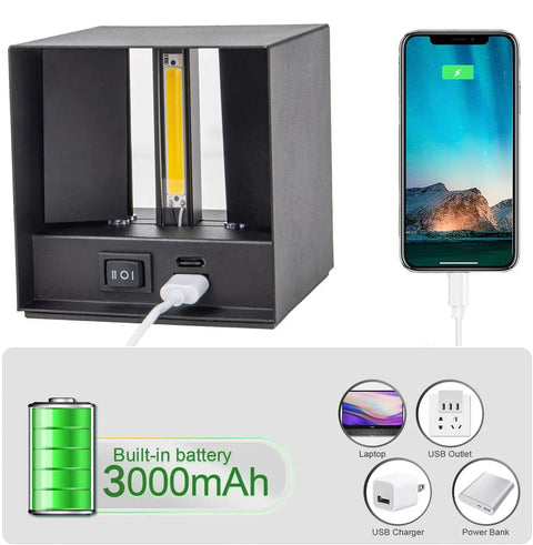 Rechargeable Wireless Wall Sconces Set of 2 With Motion Sensor showing USB-C charging capabilities and built-in 3000mAh battery.