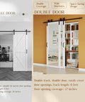 Space Saving Bypass Barn Door Set 60 By 84 Inches With Dual 30 By 84 Panels Single Track For Double Mirror Doors MDF Painted White Six Foot Sliding Hardware Kit No Fuss Easy DIY Install Modern Quiet, white barn door displayed in living space.