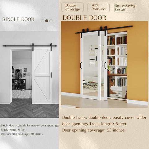 Space Saving Bypass Barn Door Set 60 By 84 Inches With Dual 30 By 84 Panels Single Track For Double Mirror Doors MDF Painted White Six Foot Sliding Hardware Kit No Fuss Easy DIY Install Modern Quiet, white barn door displayed in living space.