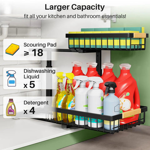 Heavy Duty Under Sink Organizer With Smooth Metal Slide Out Drawers That Are A Total Knockout For Taming Messy Cabinets And Handling The Heavy Lifting Around The House In Black Two Pack with cleaning supplies