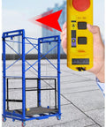 Badass Heavy Duty Electric Lift Cart With Wireless Remote Control showing blue scissor lift with remote in hand.