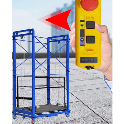 Badass Heavy Duty Electric Lift Cart With Wireless Remote Control showing blue scissor lift with remote in hand.