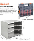 Stackable Hardware Tote Shelf Kit for Van Shelving Includes Three Plastic Organizer Totes and Holder for Small Parts Screws and Hardware Drill Mounted Beefy Stable Build Great for Garage Shop Home and Outdoor Projects shown with dimensions and specifications.