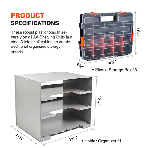 Stackable Hardware Tote Shelf Kit for Van Shelving Includes Three Plastic Organizer Totes and Holder for Small Parts Screws and Hardware Drill Mounted Beefy Stable Build Great for Garage Shop Home and Outdoor Projects shown with dimensions and specifications.