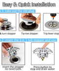 Easy installation guide for Premium Pop Up Tub Stopper With Built In Hair Strainer, showing steps to replace old bath plugs.