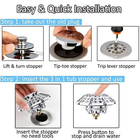 Easy installation guide for Premium Pop Up Tub Stopper With Built In Hair Strainer, showing steps to replace old bath plugs.