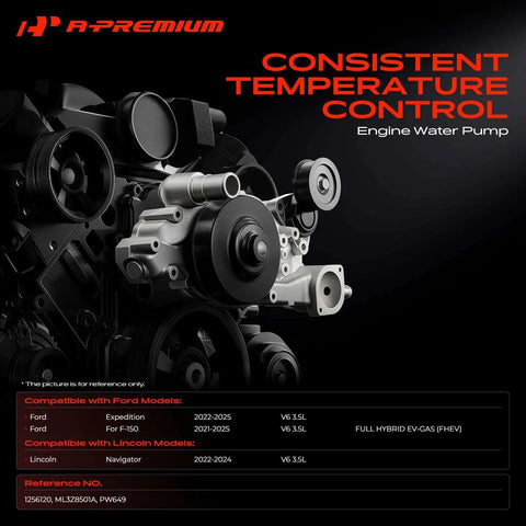 Solid Engine Water Pump Drop In Ready Coolant Pump For Ford F150 And Expedition 3.5L V6 Hybrid displayed on a black background.