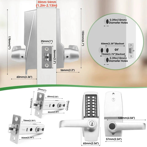 Dimensions and features of Mechanical Entry Keypad Door Lock With Key And Auto Locking Push Button Code, Brushed Nickel Finish.