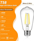 Vintage LED Edison Bulbs 6W Equivalent 60W Non Dimmable 4000K Cool White ST58 Antique Filament Bulbs with product parameters.