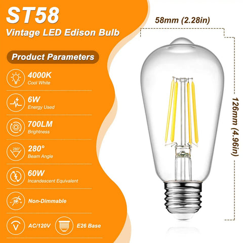 Vintage LED Edison Bulbs 6W Equivalent 60W Non Dimmable 4000K Cool White ST58 Antique Filament Bulbs with product parameters.