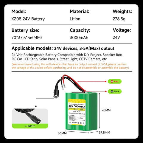 24V Lithium Battery 3000mAh With Charger And Bare Leads For Dope DIY Projects Like Speaker Box RC Car LED Strips Solar Panels
