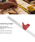 Premium Adjustable Woodworking Caliper And Straight Ruler With No Sweat Grip For Fast Angle Reading and Crisp Layout Or Bevel Marking On All Your Weekend Shop Projects on a wooden surface.