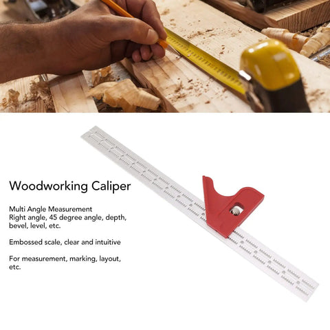Premium Adjustable Woodworking Caliper And Straight Ruler With No Sweat Grip For Fast Angle Reading and Crisp Layout Or Bevel Marking On All Your Weekend Shop Projects on a wooden surface.