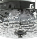 Close-up of Farmhouse Flush Mount Ceiling Light With Water Ripple Glass Shade, Faux Wood And Black Finish, drum fixture detail
