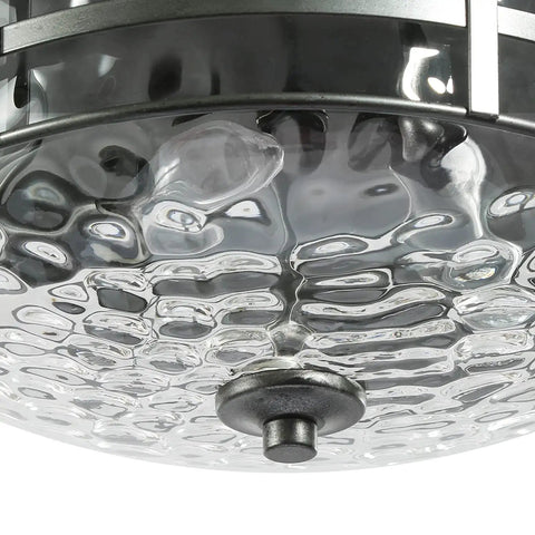 Close-up of Farmhouse Flush Mount Ceiling Light With Water Ripple Glass Shade, Faux Wood And Black Finish, drum fixture detail