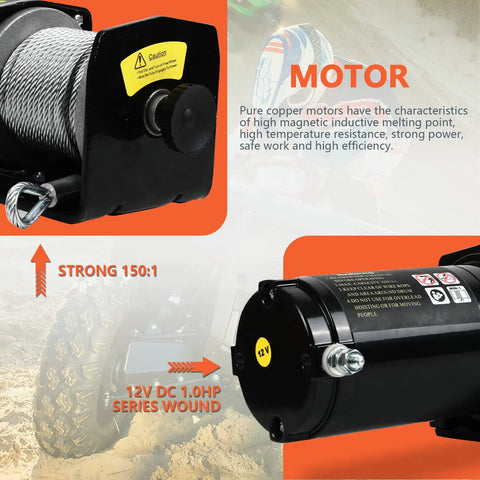 Close-up of Beefy 2000 Lb Electric Winch For ATVs And UTVs 12V DC with steel rope and motor details in dusty terrain.