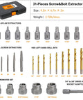 Heavy Duty Screw And Bolt Extractor Kit 31-Piece With Left-Hand Drill Bits 37# Cr-Mo And 6542 HSS Cobalt For Stripped Damaged Bolts Screws Studs In SAE And Metric Sizes, Multi-Spline Extractors And Easy Out Remover Set with case and various extractors displayed.