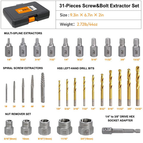 Heavy Duty Screw And Bolt Extractor Kit 31-Piece With Left-Hand Drill Bits 37# Cr-Mo And 6542 HSS Cobalt For Stripped Damaged Bolts Screws Studs In SAE And Metric Sizes, Multi-Spline Extractors And Easy Out Remover Set with case and various extractors displayed.
