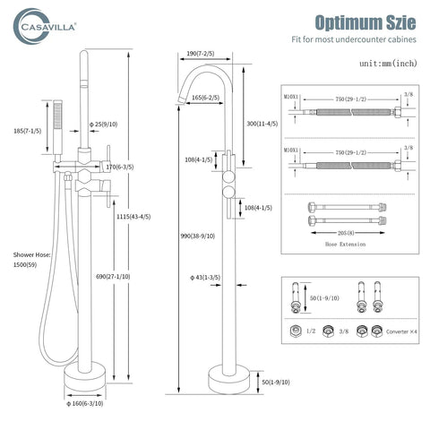 Diagram of Freestanding Bathtub Faucet With 360 Degree Swivel Spout And Handheld Shower, Tub Filler Set In Brushed Nickel.