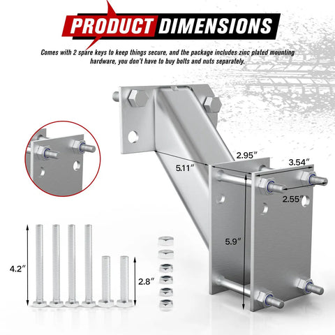 Heavy Duty Trailer Spare Tire Carrier Mount for Utility and Boat Trailers with dimensions and zinc plated bolts