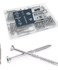 Top Shelf 10X2 Inch Stainless Steel Deck Screws 70 Piece Bucket Rust Proof Wood Fasteners With Sure Grip T25 Star Bits in packaging.