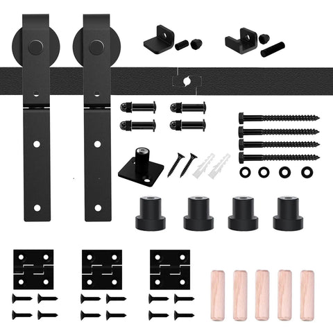 Forty Inch Bi Folding Sliding Barn Door Hardware Track Kit With Slick Black Rollers includes brackets, rollers, screws, and spacers.