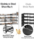 Heavy Duty Black Metal Shoe Rack With Four Tiers And Three Rows, showcases comparison with cloth shoe rack for strength and durability.