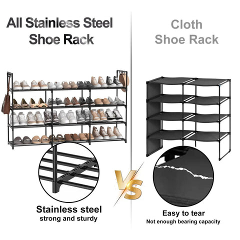 Heavy Duty Black Metal Shoe Rack With Four Tiers And Three Rows, showcases comparison with cloth shoe rack for strength and durability.