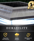 Imperial Solar Post Cap For 4x4 Posts White With High Output LED Lights in rain showing durability and warranty badge