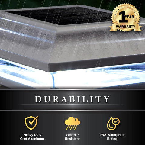 Imperial Solar Post Cap For 4x4 Posts White With High Output LED Lights in rain showing durability and warranty badge