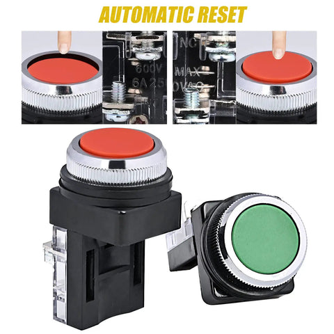 DPST 30mm Momentary Mushroom Head Push Button Switch for Industrial Control 1NO 1NC AC 250V 6A Heavy Duty, red and green buttons
