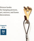 Close-up of Heavy Duty Picture Hangers With Nails, 50 Lb Wall Hooks For Drywall And Plaster, Pack Of 20, showing brass hook.